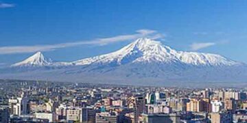 Mount Ararat and the Yerevan skyline in spring