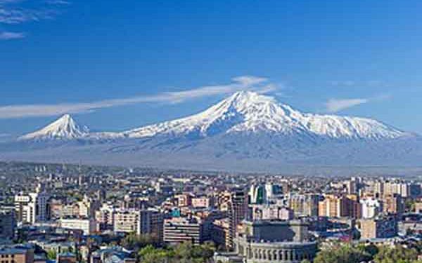 Mount Ararat and the Yerevan skyline in spring