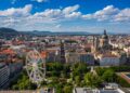 Budapest, Hungary - Aerial drone view of the downtown of Budapest on a sunny summer day. This view includes Elisabeth Square with ferris wheel, St. Stephen's Basilica and Hungarian Parliament building