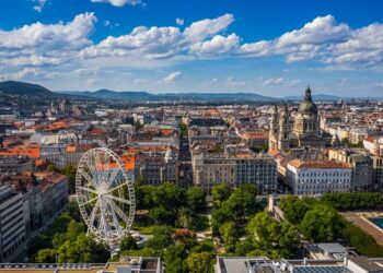 Budapest, Hungary - Aerial drone view of the downtown of Budapest on a sunny summer day. This view includes Elisabeth Square with ferris wheel, St. Stephen's Basilica and Hungarian Parliament building