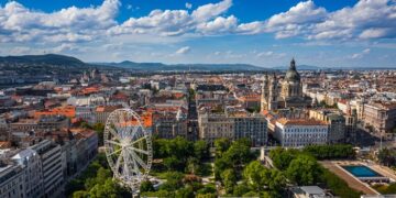 Budapest, Hungary - Aerial drone view of the downtown of Budapest on a sunny summer day. This view includes Elisabeth Square with ferris wheel, St. Stephen's Basilica and Hungarian Parliament building