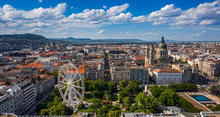 Budapest, Hungary - Aerial drone view of the downtown of Budapest on a sunny summer day. This view includes Elisabeth Square with ferris wheel, St. Stephen's Basilica and Hungarian Parliament building