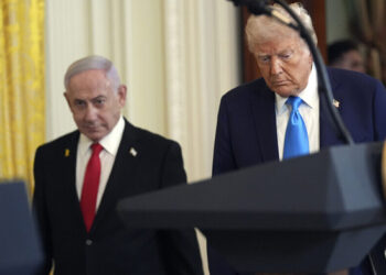 President Donald Trump and Israel's Prime Minister Benjamin Netanyahu arrive for a news conference in the East Room of the White House, Tuesday, Feb. 4, 2025, in Washington. (AP Photo/Evan Vucci)