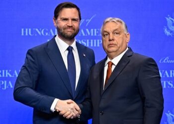 U.S. Vice President JD Vance shakes hands with Hungarian Prime Minister Viktor Orban as they meet in Budapest, Hungary, Tuesday, April 7, 2026. (AP Photo/Denes Erdos)