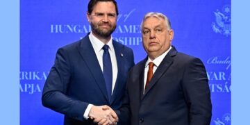 U.S. Vice President JD Vance shakes hands with Hungarian Prime Minister Viktor Orban as they meet in Budapest, Hungary, Tuesday, April 7, 2026. (AP Photo/Denes Erdos)