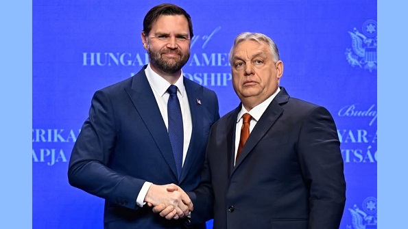 U.S. Vice President JD Vance shakes hands with Hungarian Prime Minister Viktor Orban as they meet in Budapest, Hungary, Tuesday, April 7, 2026. (AP Photo/Denes Erdos)